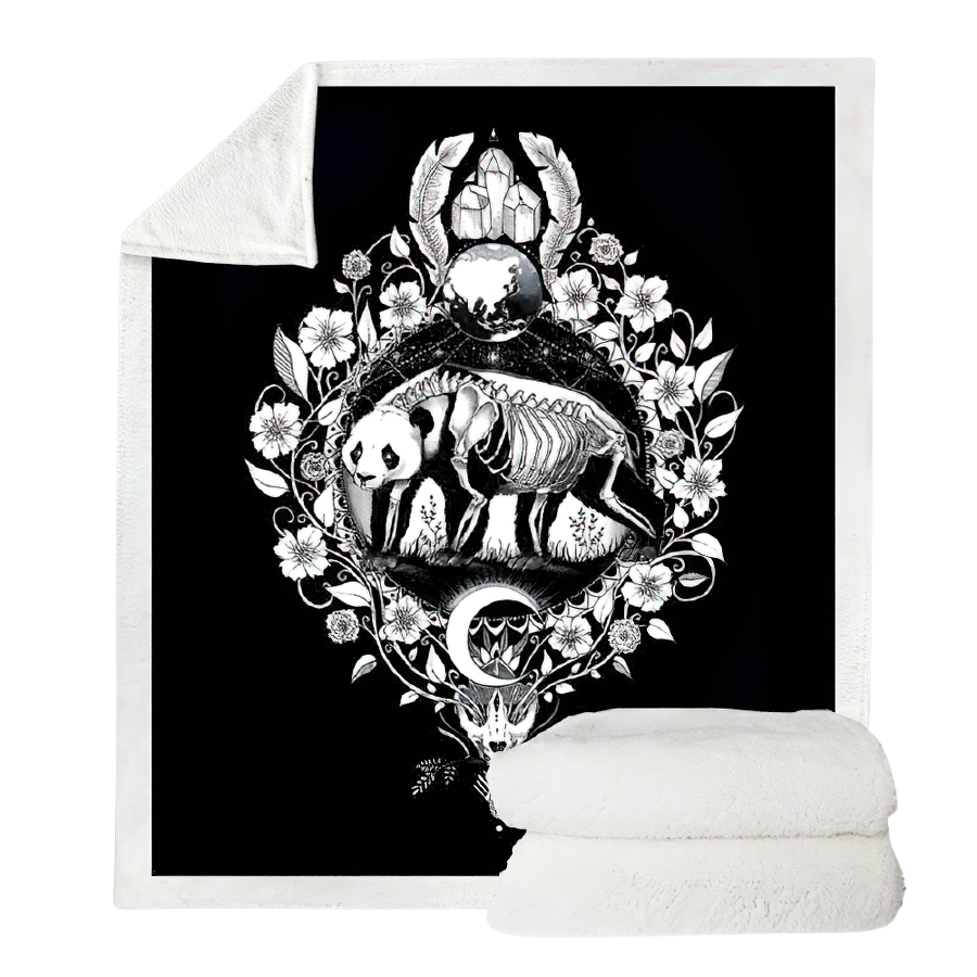 Cozy black blanket featuring a panda skeleton print, soft velvet and sherpa fleece for gothic home decor.