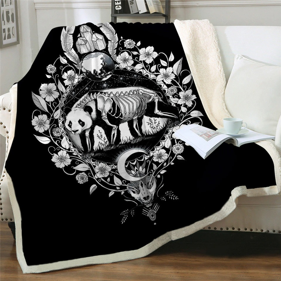 Black plush blanket with panda skeleton print, perfect for gothic home decor and cozy comfort.