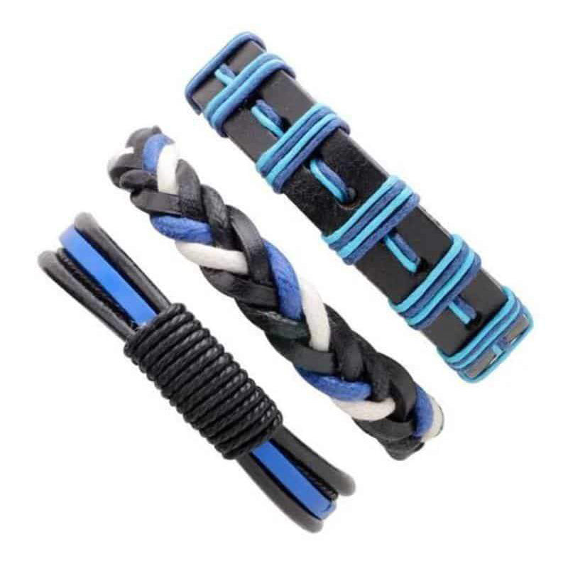 Set of 3 men's black and blue faux leather bracelets with geometric and braided designs.