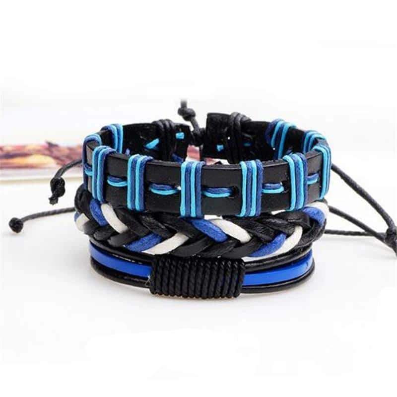 Black and blue leather bracelet set, featuring braided designs and a rock style perfect for men's fashion.
