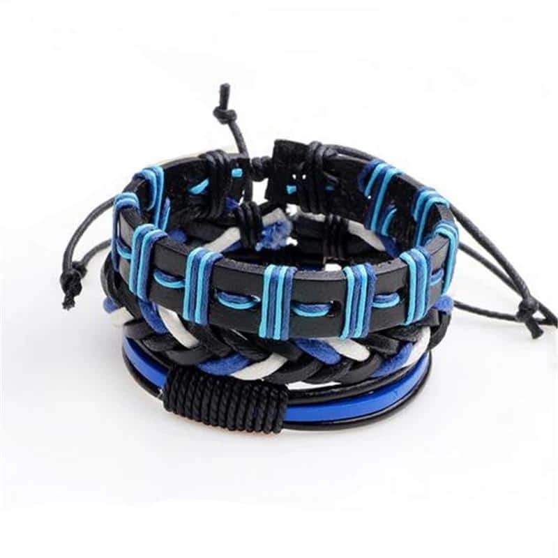 Men's black and blue leather bracelet set of 3, featuring braided design and geometric details for a rock style.
