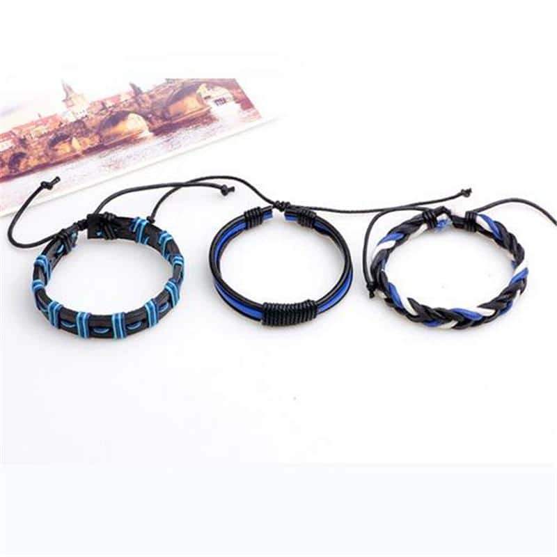 Black and blue leather bracelet set of 3 with geometric and braided designs for men's fashion accessories.