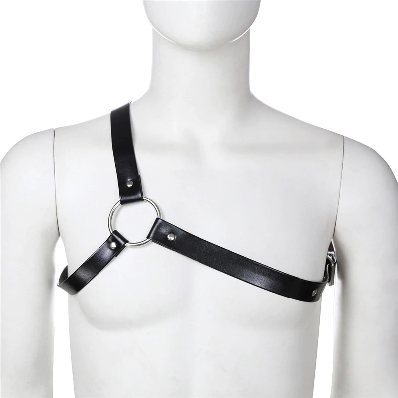 Black body chest strap harness for men with adjustable straps and metal ring detail, stylish alternative fashion accessory.