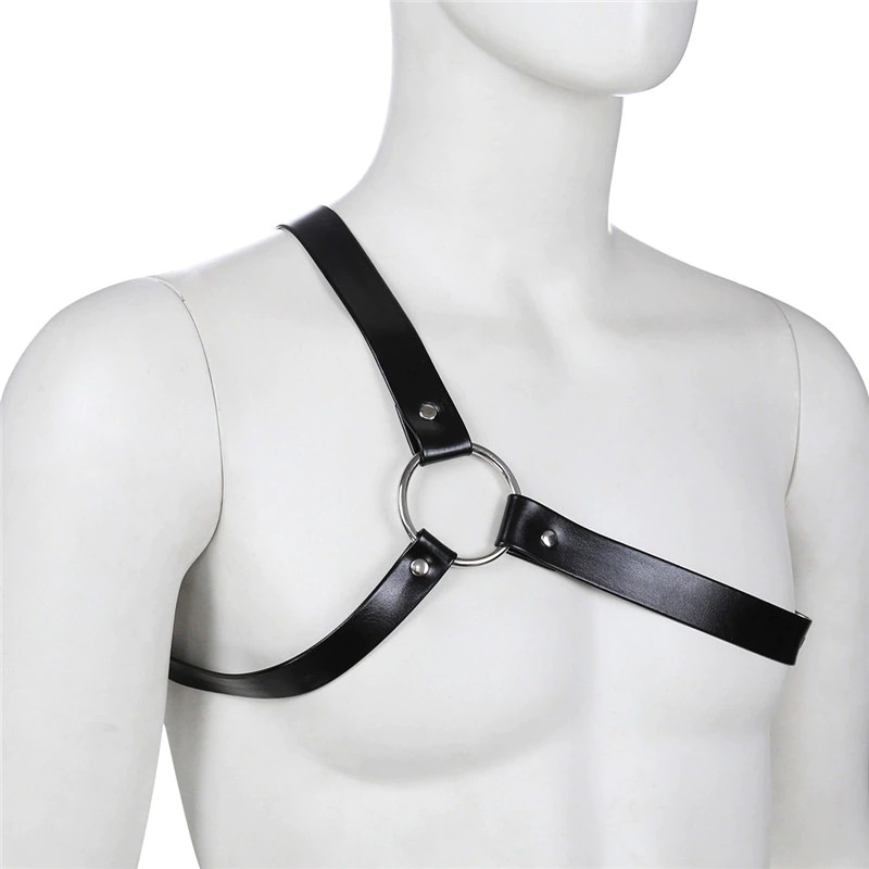 Stylish black body chest strap harness for men, featuring an adjustable design and ring detail, perfect for alternative fashion.