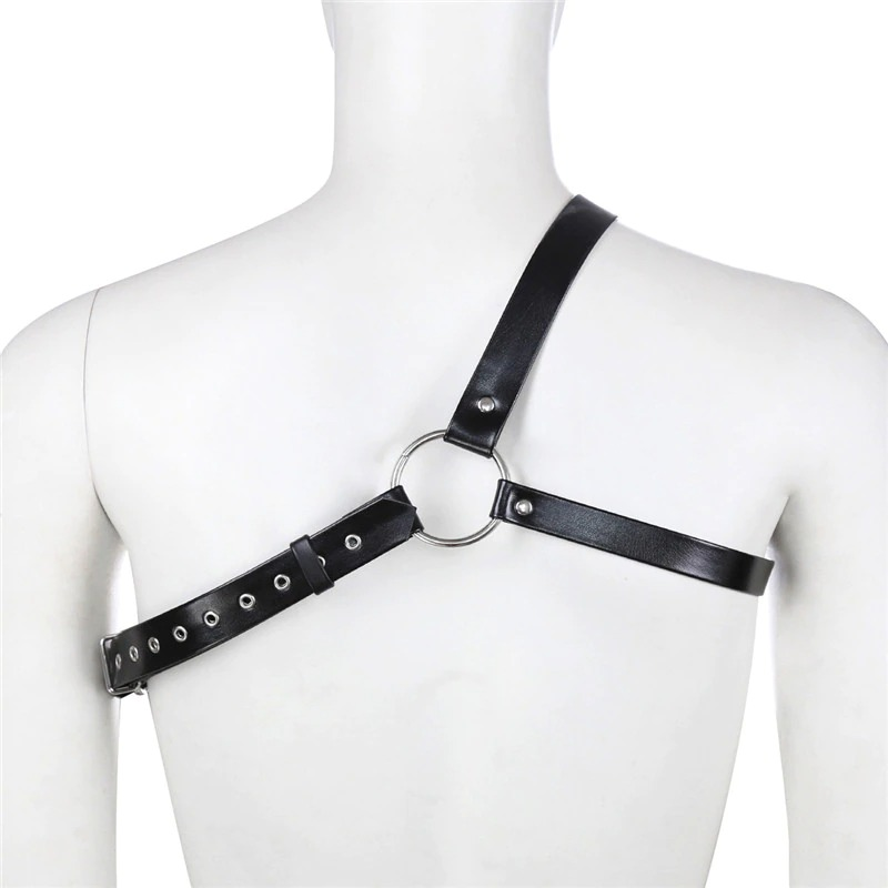 Black body chest strap harness for men, adjustable bondage suspenders for alternative fashion and cosplay.