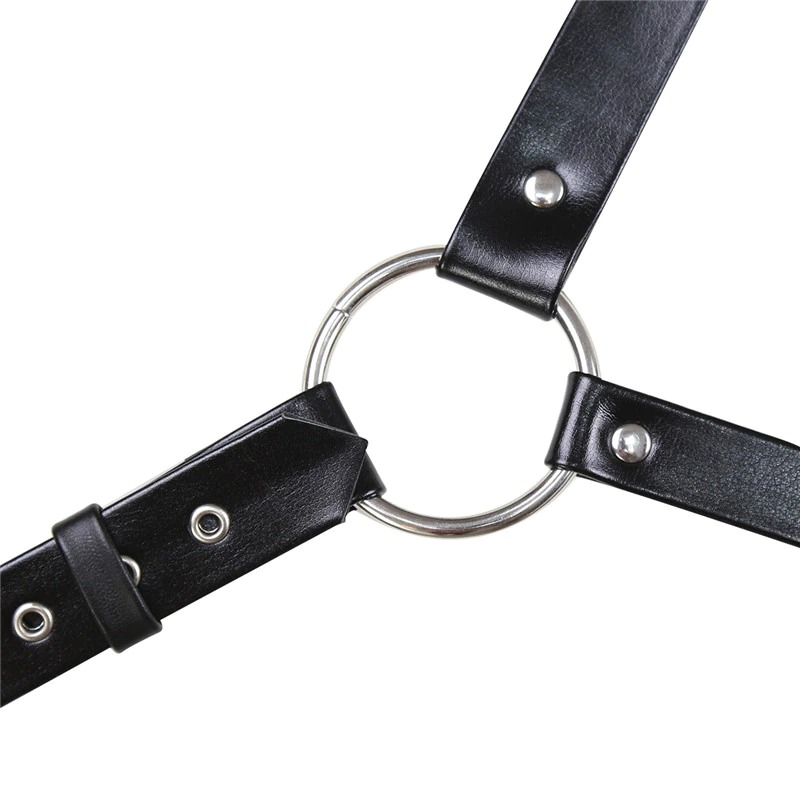 Close-up of a black body chest strap harness with metal ring detail, perfect for alternative fashion and cosplay.