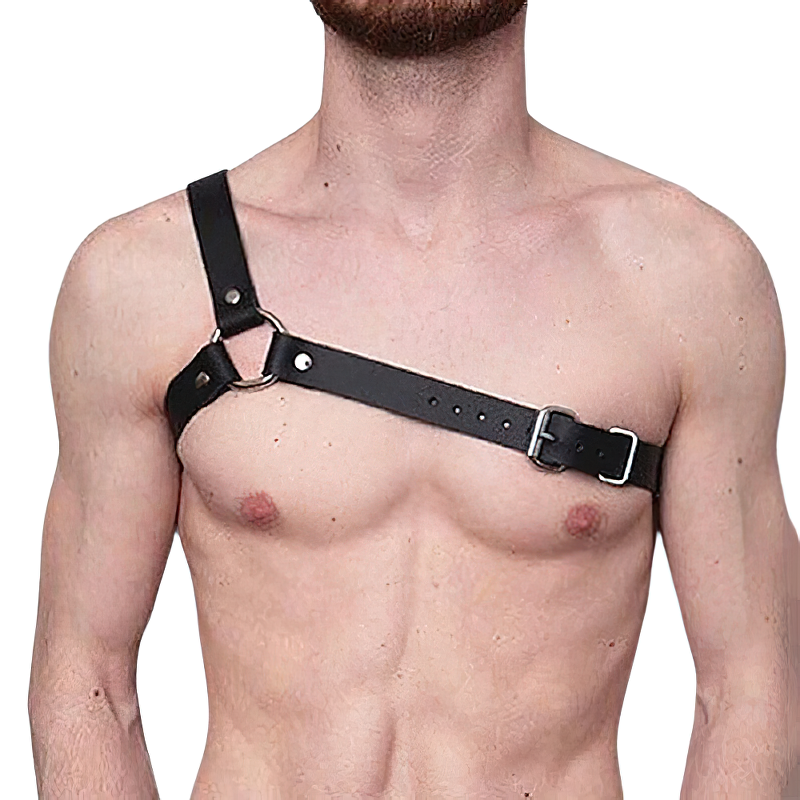 Black body chest strap harness for men, perfect for cosplay, photoshoots, and adding edgy style to outfits.