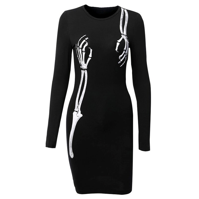 Black Bodycon Long Sleeve Dress / Women Gothic Streetwear Skull Print Mini Dress - HARD'N'HEAVY