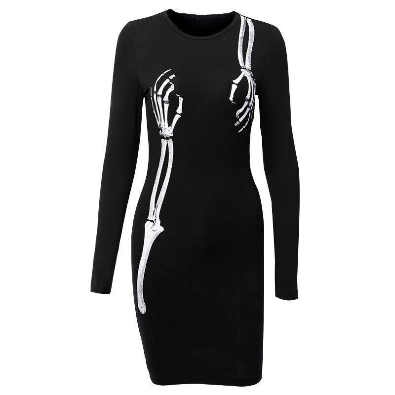 Black bodycon long sleeve dress with gothic skull print for women, perfect for Halloween and parties.