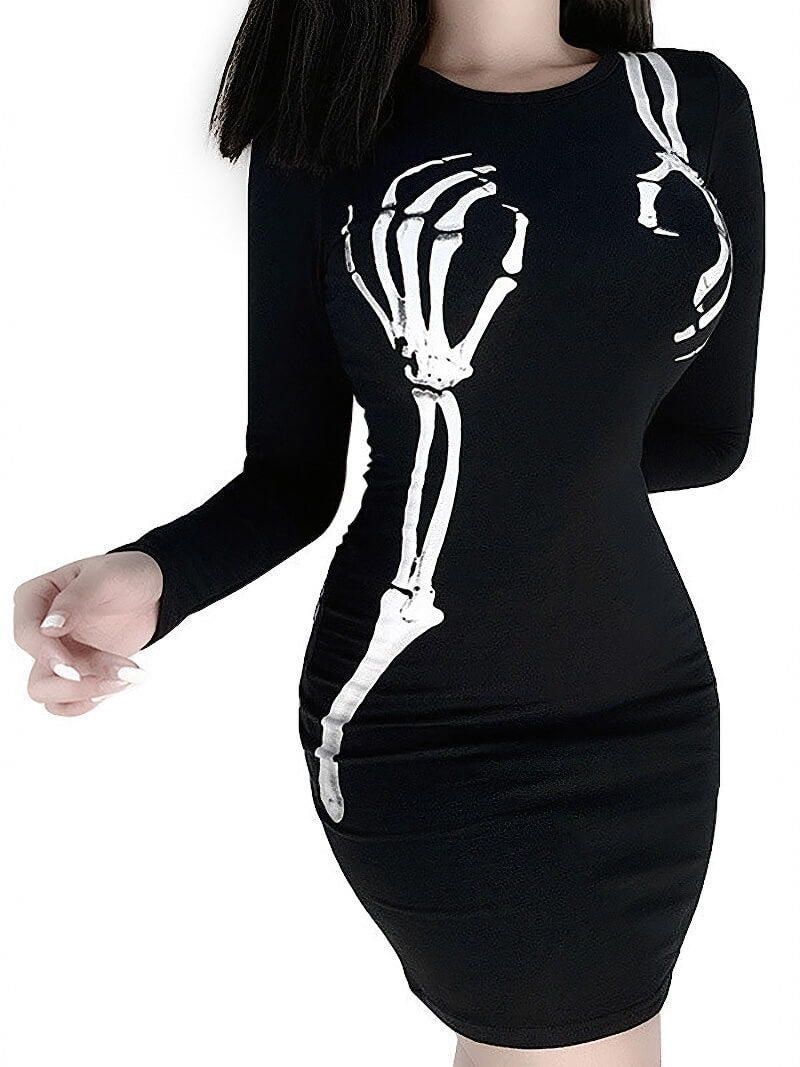 Black bodycon mini dress with gothic skull print, perfect for Halloween and streetwear style.