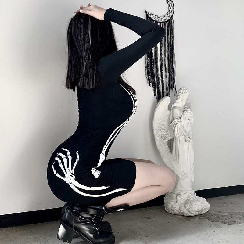 Black Bodycon Long Sleeve Dress / Women Gothic Streetwear Skull Print Mini Dress - HARD'N'HEAVY