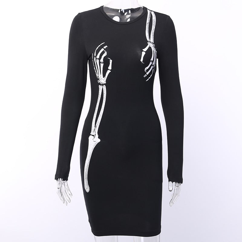 Gothic black bodycon mini dress with skeleton print, perfect for Halloween and edgy streetwear looks.