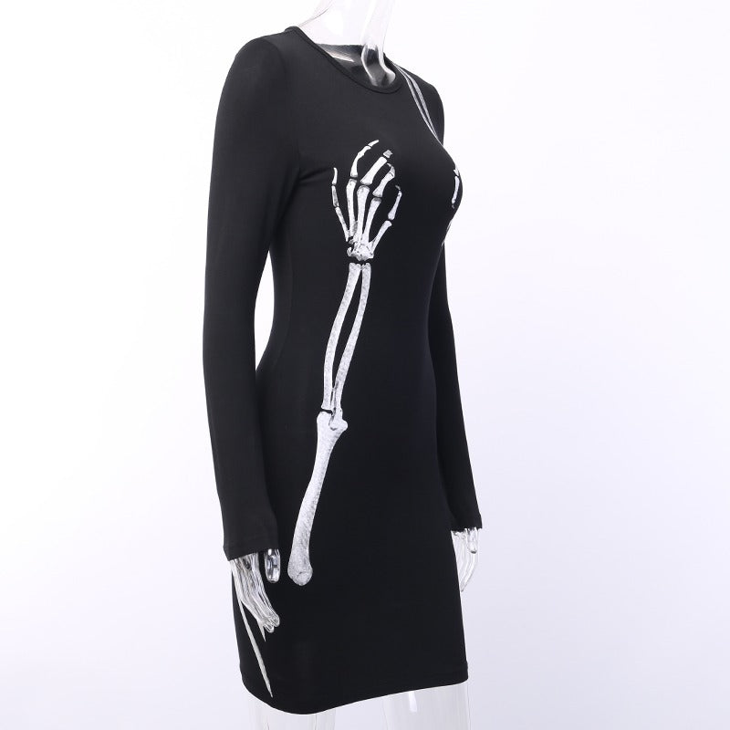 Black bodycon dress with skeleton print for women, perfect for gothic streetwear or Halloween parties.