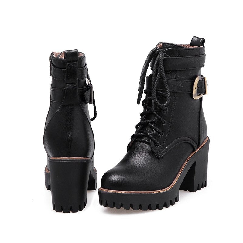 CLEARANCE / Black, Brown, Wine red Zipper Lace-Up Buckle Ankle Boots / Square High Heels Platforms - HARD'N'HEAVY