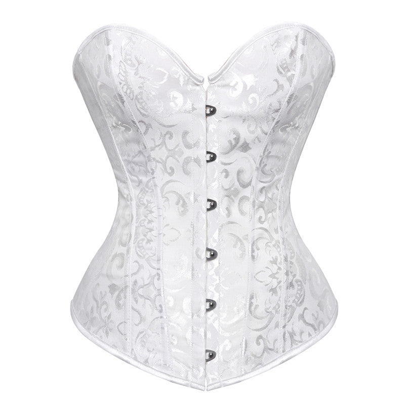 Elegant white corset with detailed floral pattern and front button closure, perfect for gothic or formal wear. Unique design!