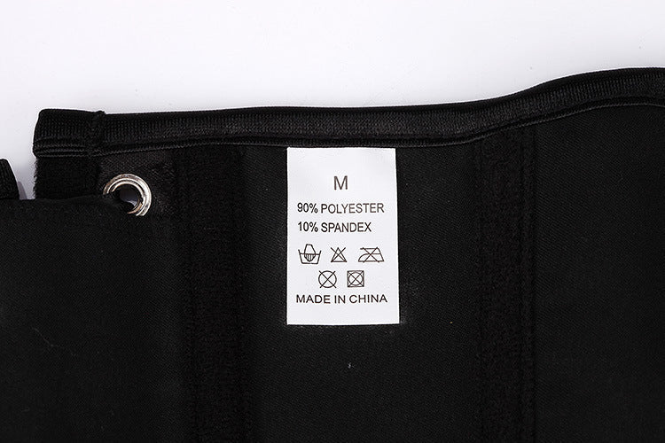 Care label showing fabric composition of black corset: 90% polyester, 10% spandex, size M, made in China.