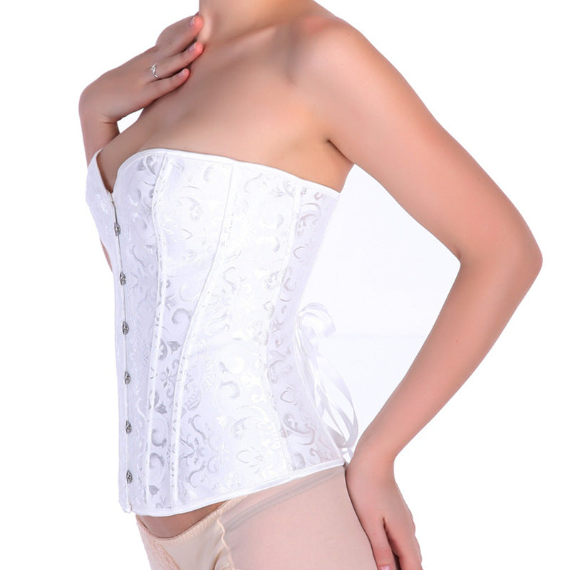 White strapless corset featuring elegant lace design and button closure, perfect for gothic and romantic styles.