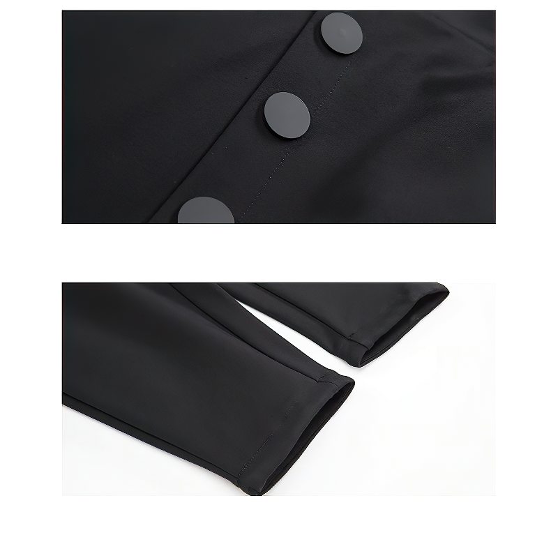 Close-up of black high waist women's pants showing buttons and hem details, perfect for a trendy casual look.