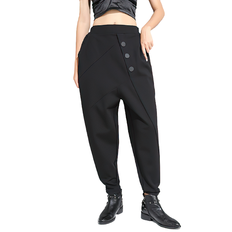 Trendy black button high waist women's harem trousers with pockets and elastic waist, perfect for spring and fall wear.