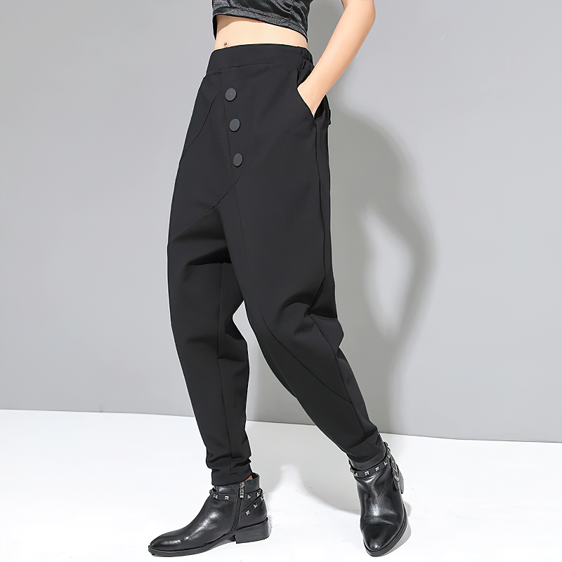 Trendy black high waist women's harem trousers with buttons and pockets for a chic alternative style.