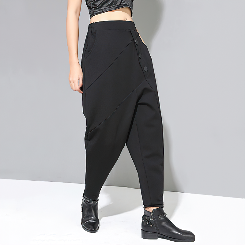 Stylish black button high waist women's harem trousers with pockets, perfect for spring and fall comfort.