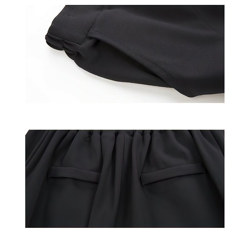 Close-up of black high waist women's pants showing elegant button details and stylish pockets.