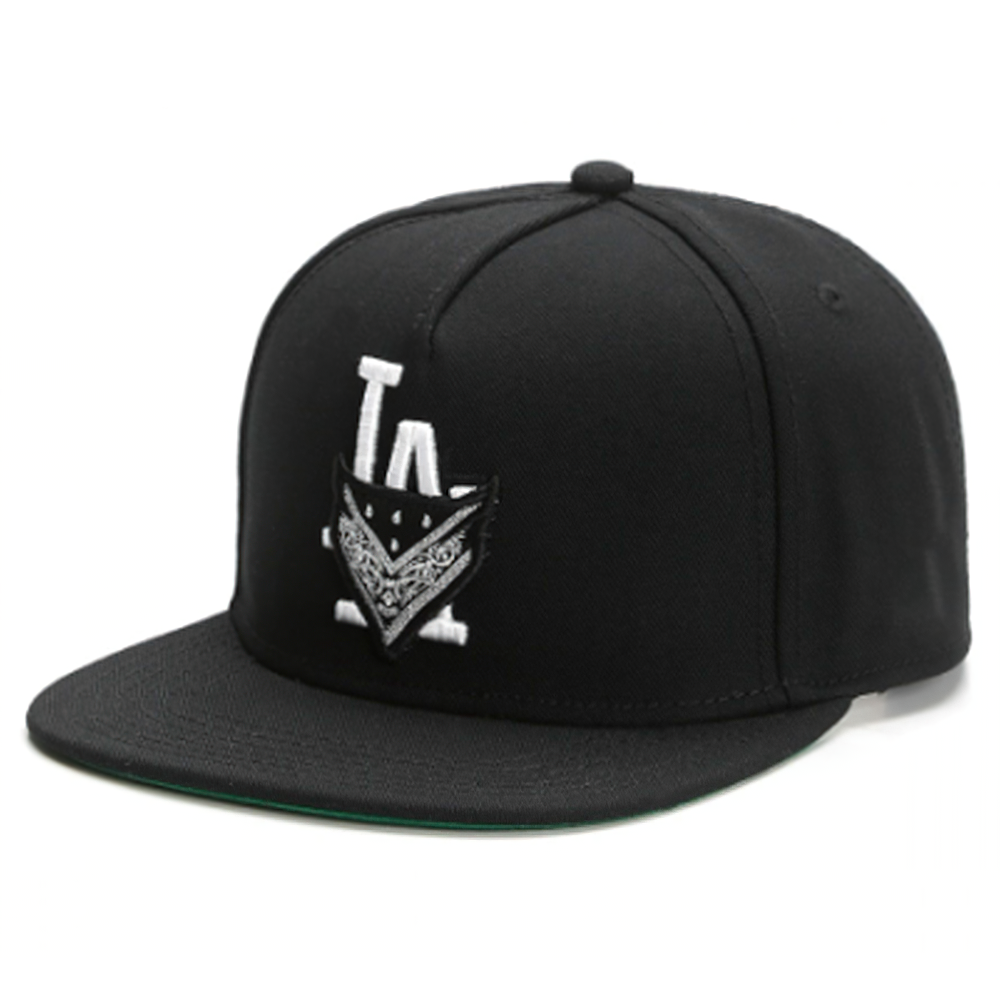 Black unisex baseball cap with LA logo and stylish bandana detail, adjustable for casual fashion.