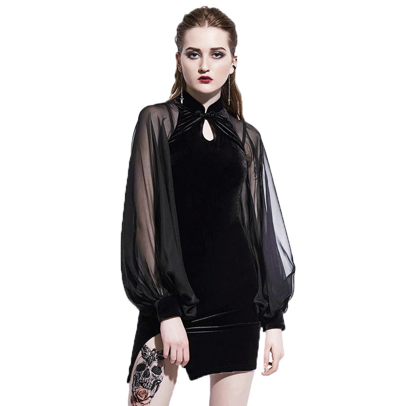 Gothic black velvet dress with mesh lantern sleeves and keyhole detail, perfect for edgy evening looks.