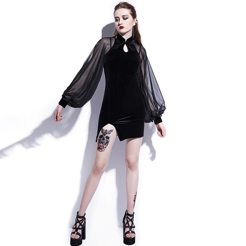 Black Chinese Original Design / Velvet Goth Dress Lantern Sleeve Mesh Stitching - HARD'N'HEAVY