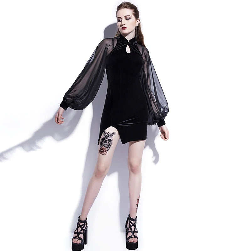 Black velvet goth dress with mesh lantern sleeves and above-the-knee length, perfect for daily or evening wear.