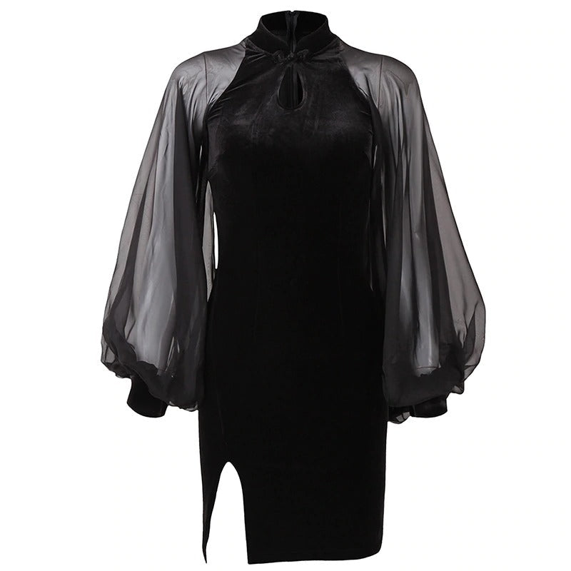 Black velvet gothic dress with mesh lantern sleeves and a stylish slit for a bold evening look.