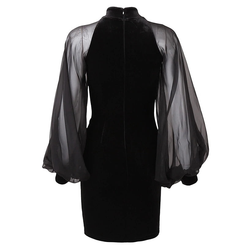 Elegant black velvet gothic dress with mesh lantern sleeves, perfect for day or evening wear.