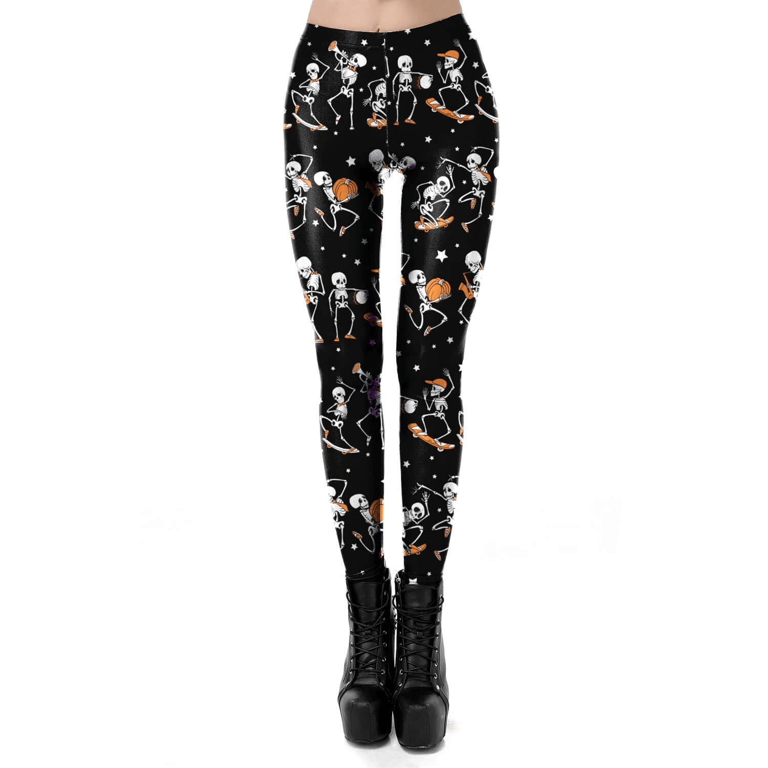 Black Classic Female Leggings with Skulls and Pumpkins for Halloween / Sexy Workout Pants for Women - HARD'N'HEAVY