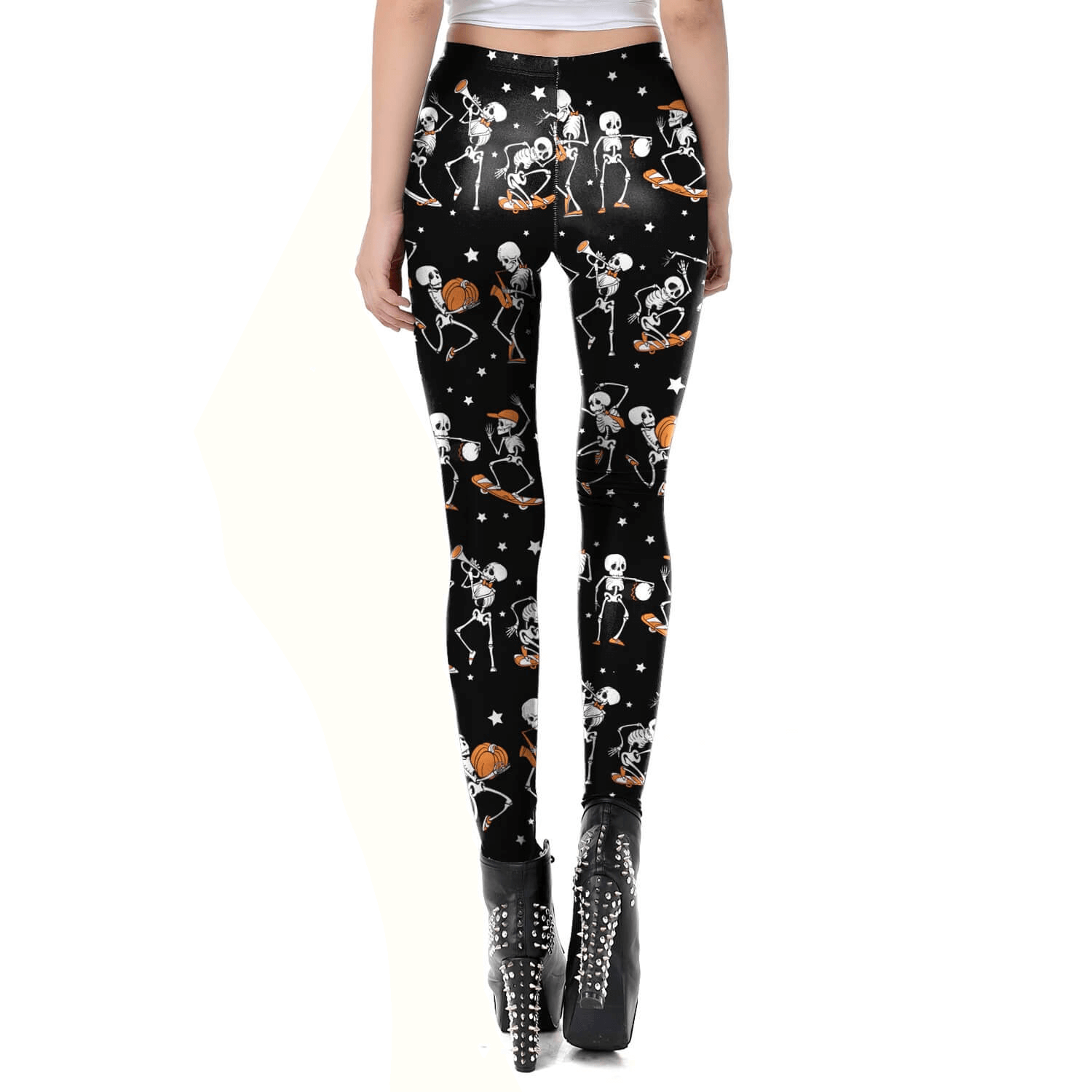 Black Classic Female Leggings with Skulls and Pumpkins for Halloween / Sexy Workout Pants for Women - HARD'N'HEAVY