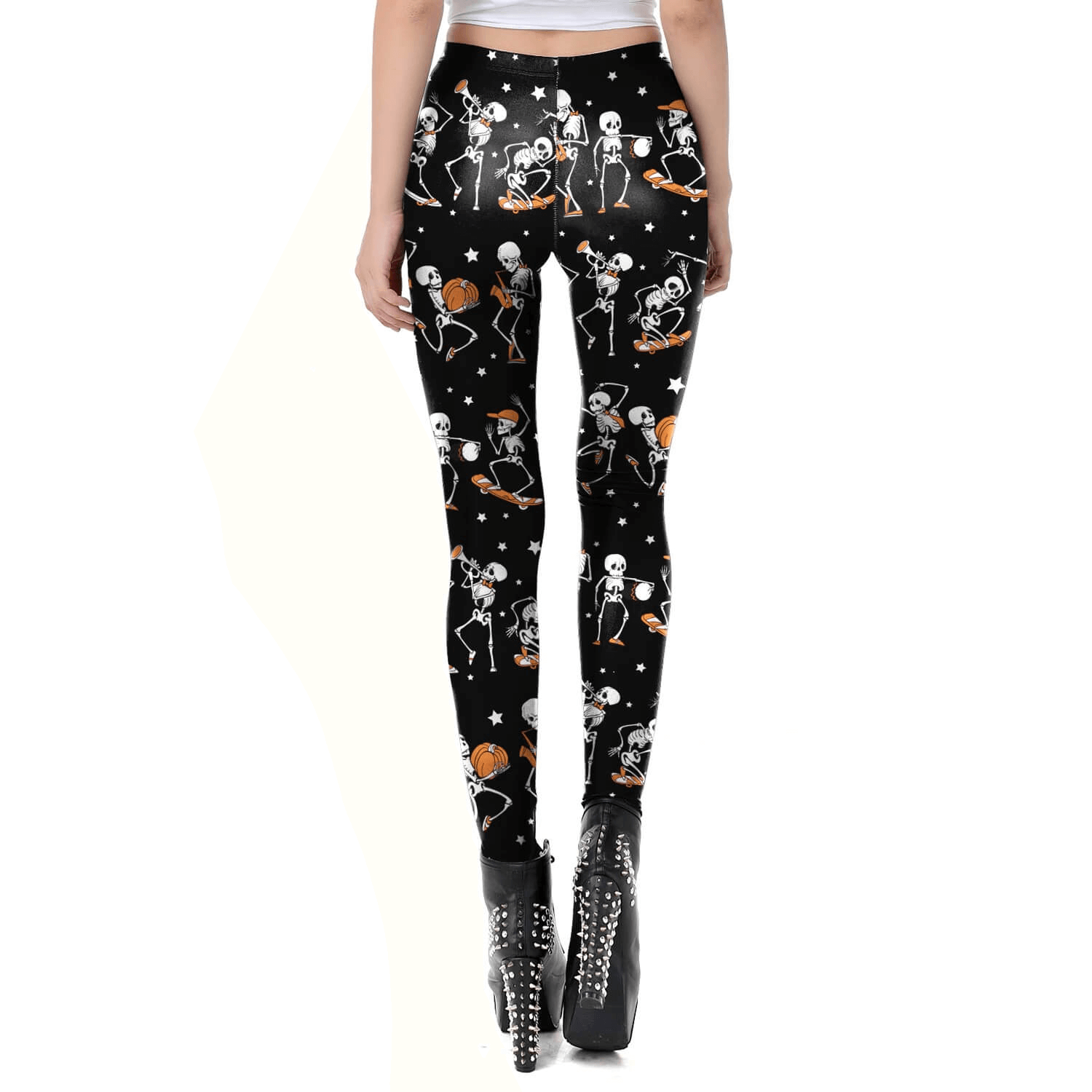 Black leggings for women featuring fun skeleton and pumpkin pattern, perfect for Halloween workouts or casual outings.