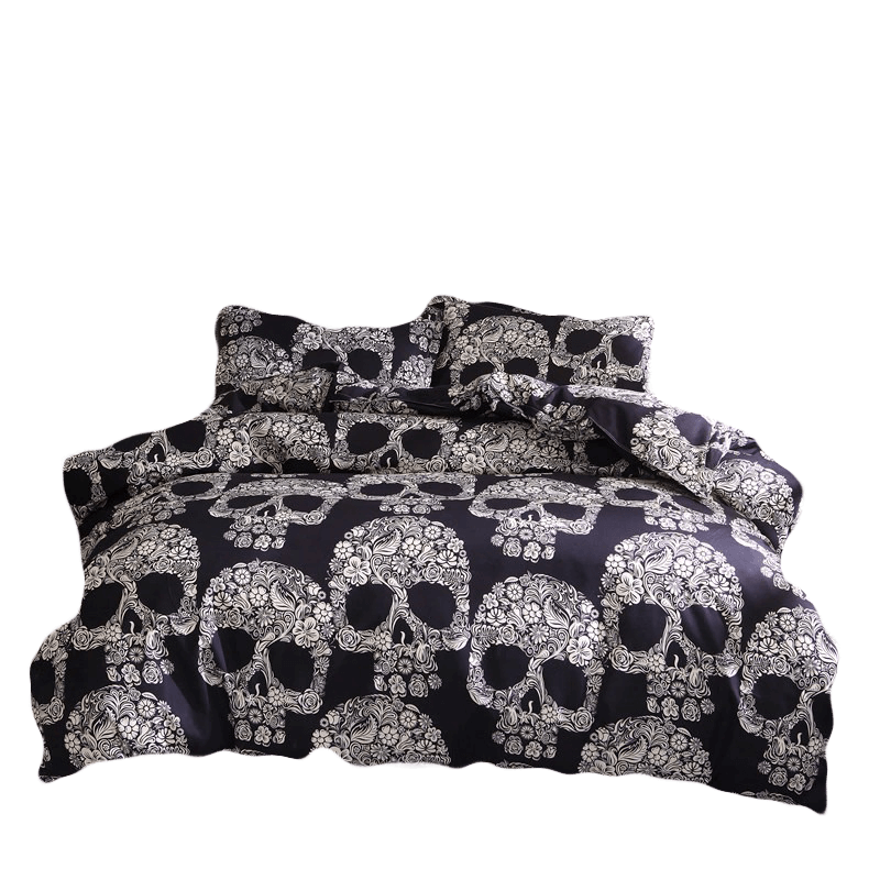Gothic black duvet cover set featuring elegant sugar skull patterns, perfect for king size beds and stylish home decor.