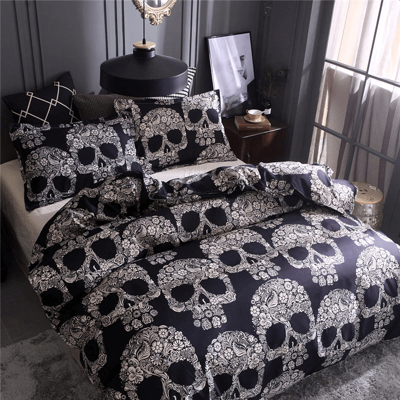 Black gothic duvet cover set with sugar skull design, perfect for king size beds and stylish home decor.