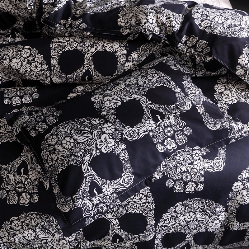Black gothic duvet cover set with intricate sugar skull design, perfect for stylish bedroom decor.