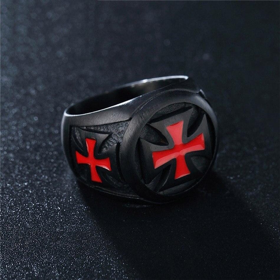 Black and red iron cross ring, biker style, 316L stainless steel, bold fashion accessory for motorbike events.