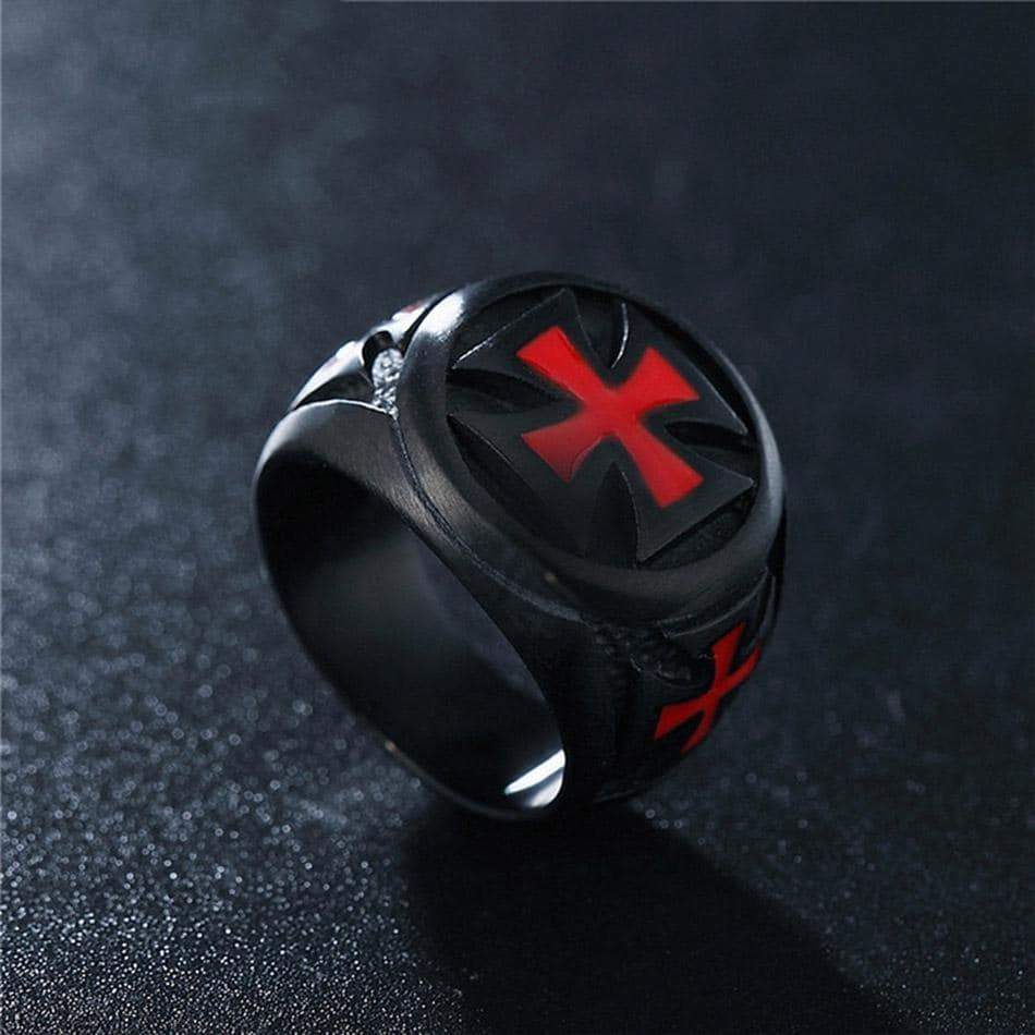 Black and red Iron Cross ring in stainless steel for bikers and alternative fashion lovers.