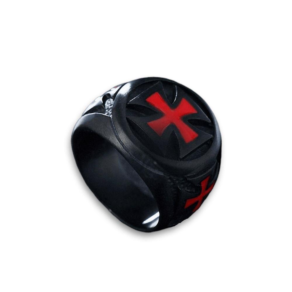 Black and red Iron Cross ring made of 316L stainless steel, perfect for bikers and alternative fashion lovers.