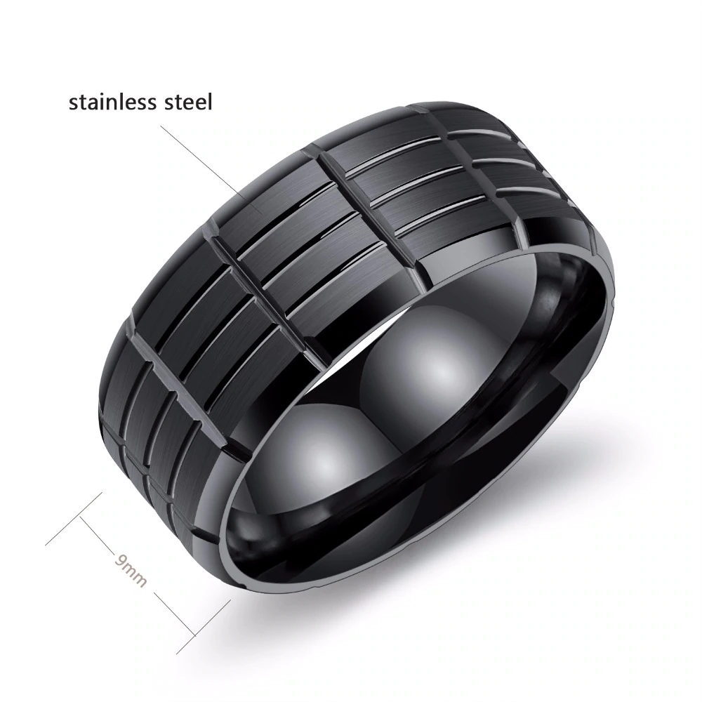 Black stainless steel ring with creative surface pattern, size 7-11, perfect for alternative fashion lovers.
