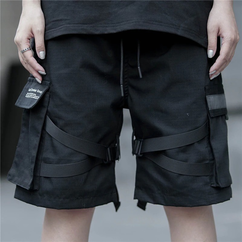 Black Cotton Cargo Shorts for Men / Casual Male Shorts with Reflective Ribbons - HARD'N'HEAVY