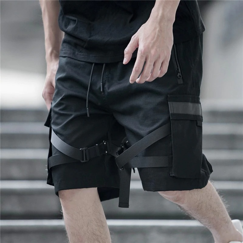Black Cotton Cargo Shorts for Men / Casual Male Shorts with Reflective Ribbons - HARD'N'HEAVY