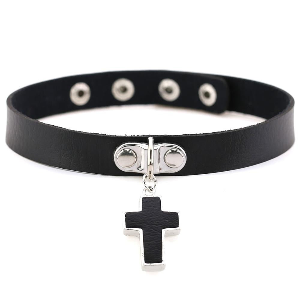 Black leather gothic choker collar for women with silver cross charm and rivets, perfect for rock concerts.