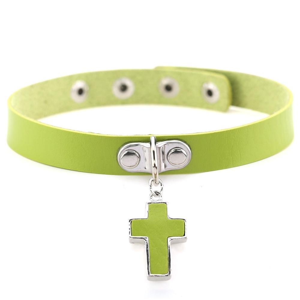 Bright salad green leather choker collar with silver cross charm and zinc rivets, perfect for gothic and rock styles.