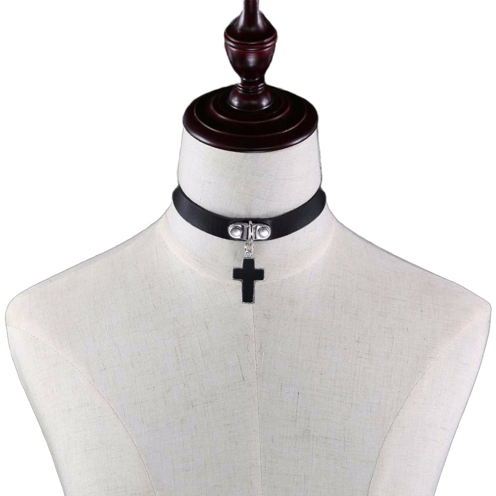 Black gothic leather choker collar for women featuring a silver cross and zinc rivets, perfect for rock concerts.