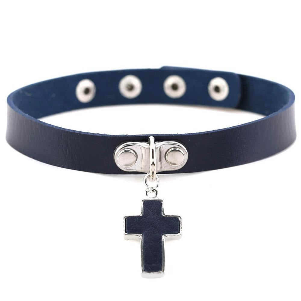 Navy blue leather choker collar with silver cross and zinc rivets, perfect for gothic or rock fashion.
