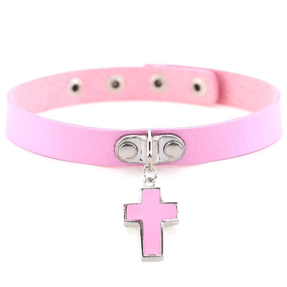 Pink Gothic Leather Choker Collar for Women with Cross Charm and Zinc Rivets, Perfect for Concerts and Stylish Looks!