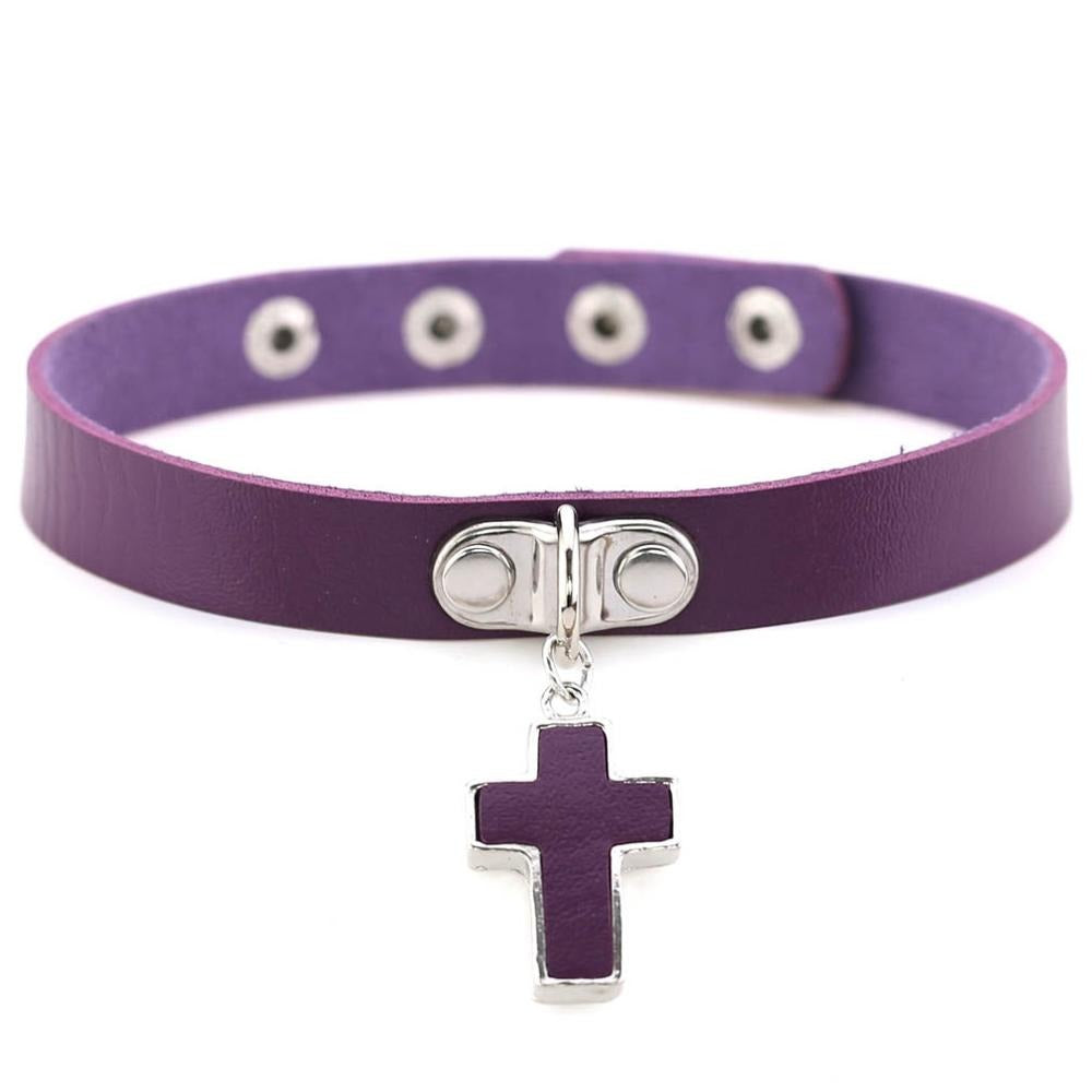 Purple leather gothic choker collar with silver cross pendant, perfect for concerts and edgy fashion.